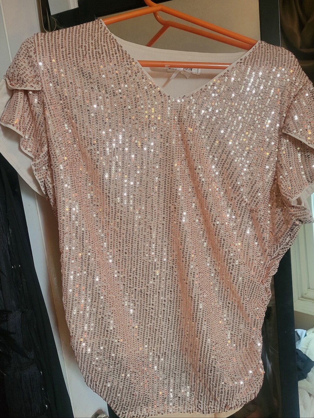 Grace Karin Rose Gold Sequin V-Neck Flutter Sleeve Top